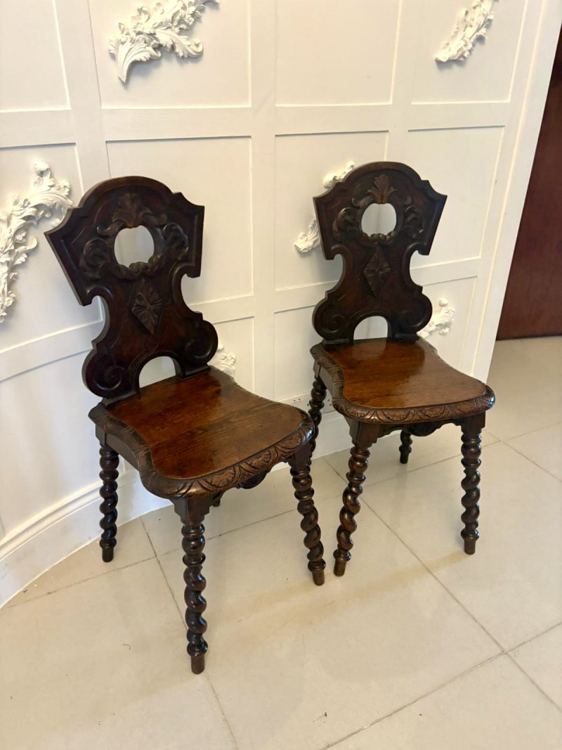 Pair of Antique Victorian Quality Carved Oak Hall Chairs - Image 2